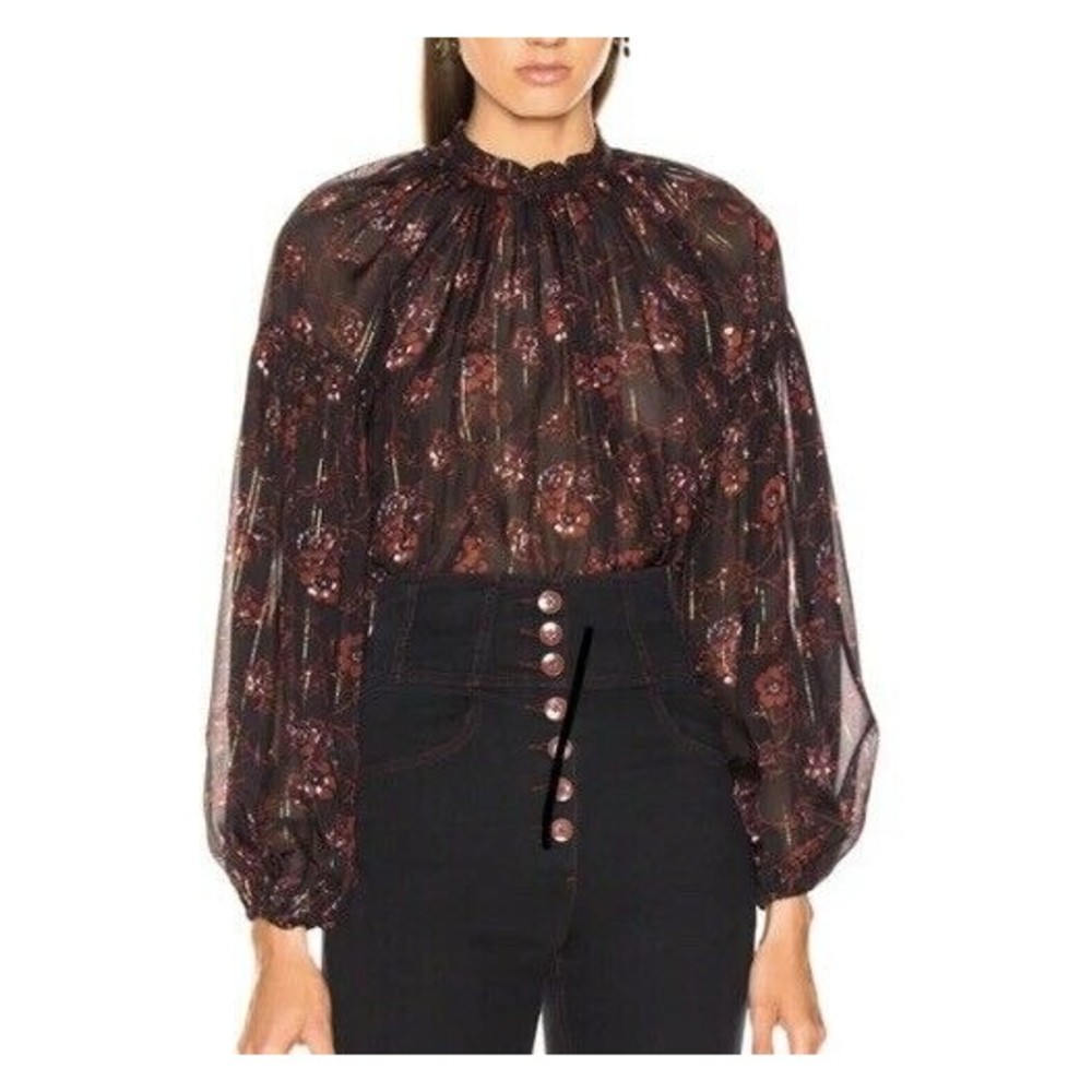 Ulla Johnson Arnoux Blouse Size 10 Black Floral Sheer Silk